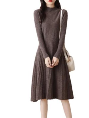 Women's Half-Mock Neck Slim-Fit A-Line Wool Knit Dress Perfect for Fall and Winter