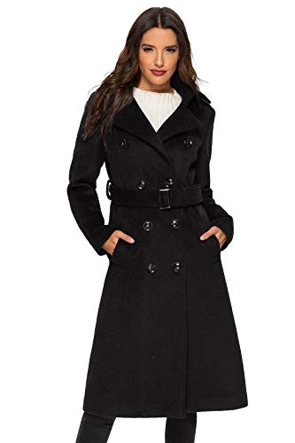 Womens Wool Coat Double Breasted Pea Coat Winter Long Trench Coat with Belt