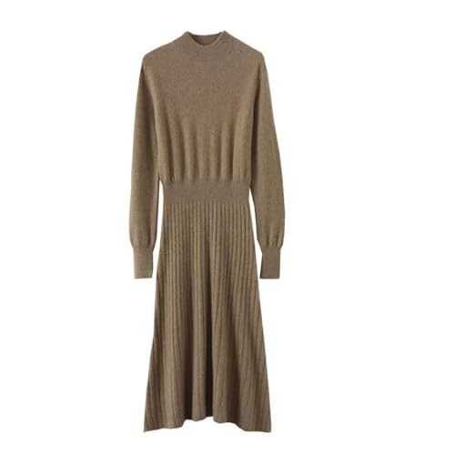 Women's Wool Mock Neck Pullover Dress Merino Wool Knit Slim A-Line Striped Long Sweater Dress