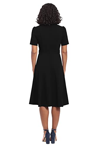 Women's Knit Eyelet Short Sleeve Crepe Inset Waist Midi with Button Detail