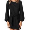 Womens Fall Elegant Long Lantern Sleeve Short Dress Wedding Guest Crewneck Tie Waist Knit Cocktail Dresses