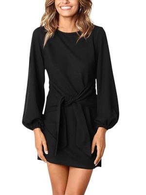 Womens Fall Elegant Long Lantern Sleeve Short Dress Wedding Guest Crewneck Tie Waist Knit Cocktail Dresses
