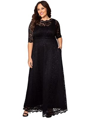 Women’s Plus Size Leona Lace Gown, Maxi Dress Formal Evening Ball Gown with Side Pockets for Wedding Guest