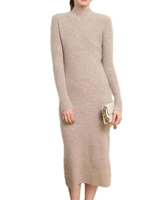 Women's Wool Mid Length Half High Collar Waist Knitted Warm Wrap Hip One Step Dress for Fall Winter