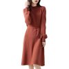 Women's Puff Sleeve Merino Wool Mock Neck Pullover Long Sweater Cashmere Dress for Fall Winter