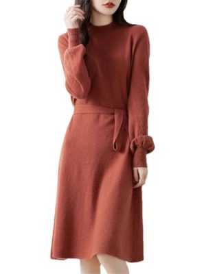 Women's Puff Sleeve Merino Wool Mock Neck Pullover Long Sweater Cashmere Dress for Fall Winter