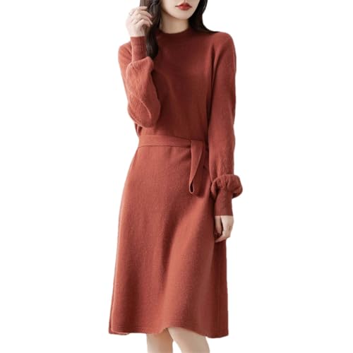 Women's Puff Sleeve Merino Wool Mock Neck Pullover Long Sweater Cashmere Dress for Fall Winter