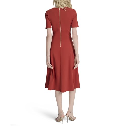 Women's Short Sleeve Jewel Neck Scuba Crepe Flounce Hem Midi Dress