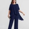 2025 Plus Size Mother of The Bride Pant Suits 2 Piece Chiffon Sets Ruffle Asymmetric Layers Wedding Guest Outfit