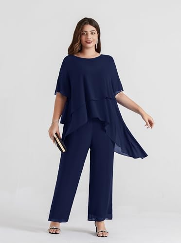 2025 Plus Size Mother of The Bride Pant Suits 2 Piece Chiffon Sets Ruffle Asymmetric Layers Wedding Guest Outfit