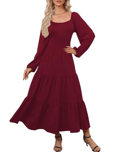 Womens Casual Fall Dress Puff Long Sleeve Square Neck A Line Flowy Long Dresses