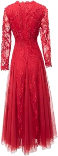 Women Long Solid Party Dress V-Neck Long Sleeve Mesh Dress Embroidery Elastic-Waist Dresses