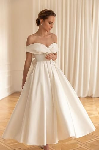 Women's Tea Length Wedding Dress for Bride Simple A Line Midi Courthouse Wedding Dresses