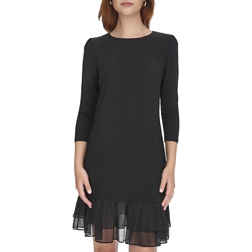 Womens 3/4 Sleeve Jersey/Chiffon Mix Ruffle Hem Dress