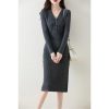 Women's Wool Waist Slimming Over Knee Half Open V-Neck Knitted Casual Dress for Fall Winter