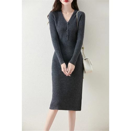 Women's Wool Waist Slimming Over Knee Half Open V-Neck Knitted Casual Dress for Fall Winter
