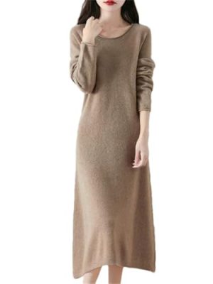 Women's Curled O Neck Wool Long Sleeve Temperament Commuting Knitted Dress for Fall Winter