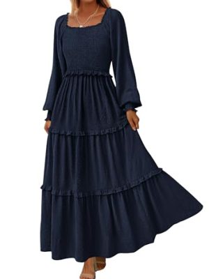 Fall Dresses for Women 2025 Long Sleeve Smocked Square Neck Swiss Dot Tiered Flowy Wedding Guest Maxi Dress
