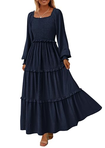 Fall Dresses for Women 2025 Long Sleeve Smocked Square Neck Swiss Dot Tiered Flowy Wedding Guest Maxi Dress