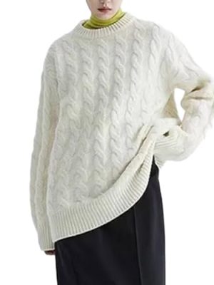 Women's 100 Percent Wool Sweater Winter Round Neck Knit Pullover Korean Loose Large Size Cashmere Sweaters