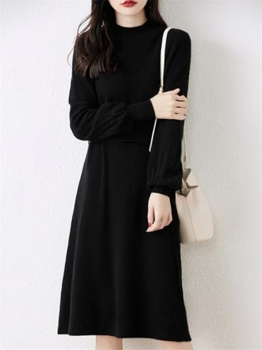 Women's Puff Sleeve Merino Wool Mock Neck Pullover Long Sweater Cashmere Dress for Fall Winter