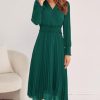 Womens Wrap V Neck Fall Dresses Wedding Guest Casual Pleated Long Sleeve Midi Dress Ruffle Smocked Long Dress