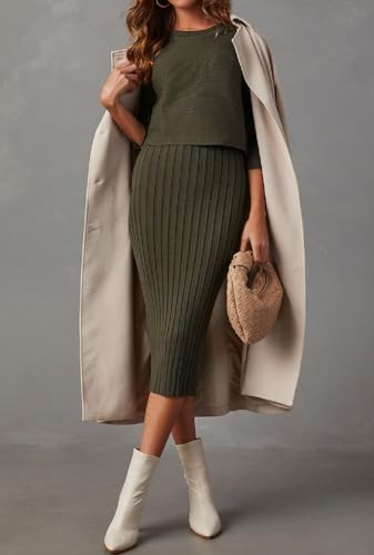 Women's Long Sleeve Sweater Dresses 2 Piece Outfits Sets Ribbed Knit Crop Tops and Tank Bodycon Midi Dress