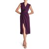 Women's Sleeveless Surplice Neck Front Slit Faux Wrap Midi Dress