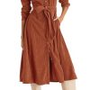 Womens Fall Winter Corduroy Midi Dress Long Sleeve V Neck Button Down Belted Flowy Shirt Dress with Pockets