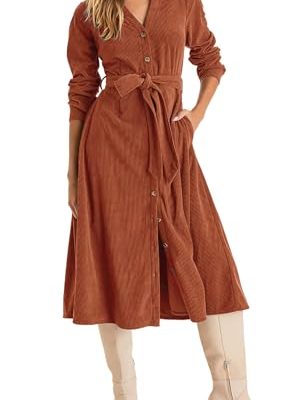 Womens Fall Winter Corduroy Midi Dress Long Sleeve V Neck Button Down Belted Flowy Shirt Dress with Pockets