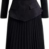 Women Long Sleeve Lace-Up Pleated Crewneck Patchwork Party Dress(Black,XX-L)