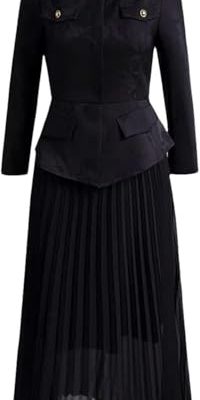Women Long Sleeve Lace-Up Pleated Crewneck Patchwork Party Dress(Black,XX-L)