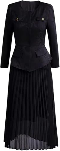 Women Long Sleeve Lace-Up Pleated Crewneck Patchwork Party Dress(Black,XX-L)