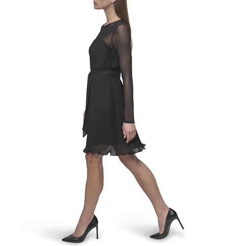 Women's Long Sleeve Jewel Neck Mini Ruffle Hem Dress with Removable Belt