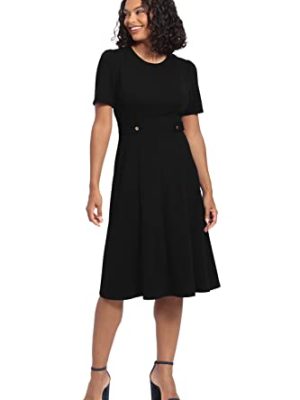 Women's Knit Eyelet Short Sleeve Crepe Inset Waist Midi with Button Detail