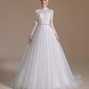 Women's Long Sleeves A-line Beaded Applique Tulle Wedding Dress