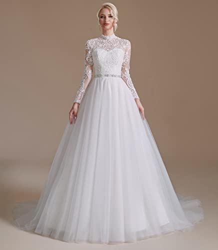 Women's Long Sleeves A-line Beaded Applique Tulle Wedding Dress