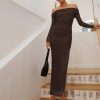 Women Off Shoulder Dress Long Sleeve Bodycon Mesh Ruched High Split Fall Formal Wedding Guest Maxi Dresses