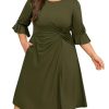 Women's Plus Size Dresses Casual 3/4 Ruffle Sleeve Crew Neck Twist Knot Wrap Slit Hem Dress with 1 Pocket