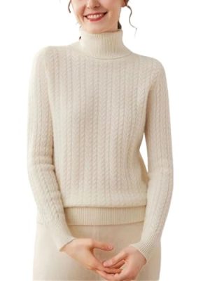 Women's High Collar 100 Percent Cashmere Cable Knit Turtleneck Sweater Fall Winter Pullover