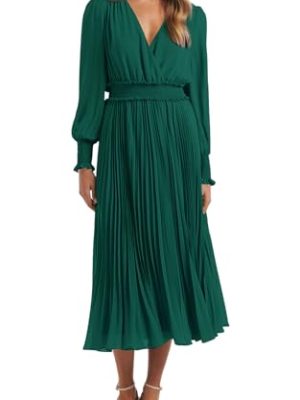 Womens Wrap V Neck Fall Dresses Wedding Guest Casual Pleated Long Sleeve Midi Dress Ruffle Smocked Long Dress