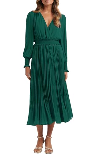 Womens Wrap V Neck Fall Dresses Wedding Guest Casual Pleated Long Sleeve Midi Dress Ruffle Smocked Long Dress