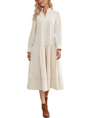 Women's Fall Winter Corduroy Maxi Dress Casual Long Sleeve Ruffle Mock Neck Flowy Vintage Dresses