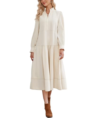 Women's Fall Winter Corduroy Maxi Dress Casual Long Sleeve Ruffle Mock Neck Flowy Vintage Dresses