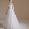 Women's Long Sleeves A-line Beaded Applique Tulle Wedding Dress
