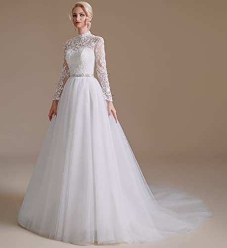 Women's Long Sleeves A-line Beaded Applique Tulle Wedding Dress