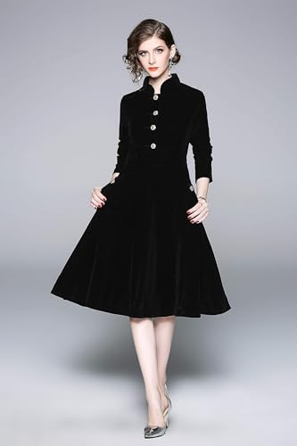 Women's Long Sleeves Velvet Button Up Swing Midi Dress with Pockets
