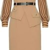 Women V-Neck Long Sleeve Striped Lace Up Bodycon Dress High Waist Hip Wrap Slit Casual Dress(Khaki,XX-L)