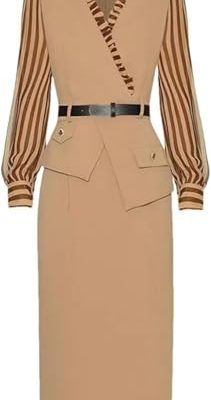 Women V-Neck Long Sleeve Striped Lace Up Bodycon Dress High Waist Hip Wrap Slit Casual Dress(Khaki,XX-L)