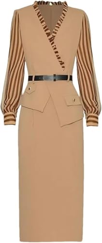 Women V-Neck Long Sleeve Striped Lace Up Bodycon Dress High Waist Hip Wrap Slit Casual Dress(Khaki,XX-L)